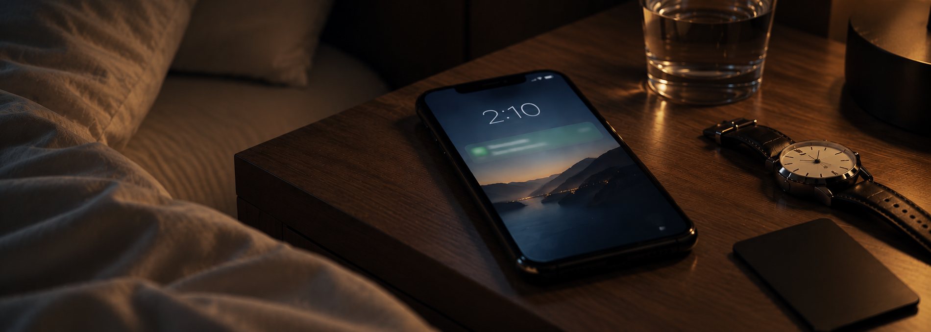 A hotel nightstand at 2:10am — a phone lying face-up beside a watch, a room key and a glass of water, lit by an incoming message.